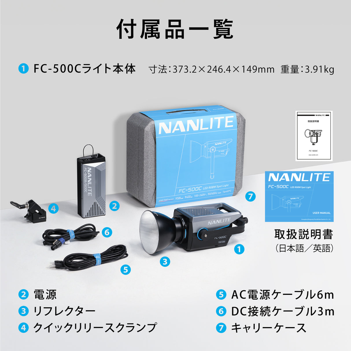 NANLITE FC-500C 撮影用ライト RGBライト LEDスポットライト 520W フルカラー 2700-7500K