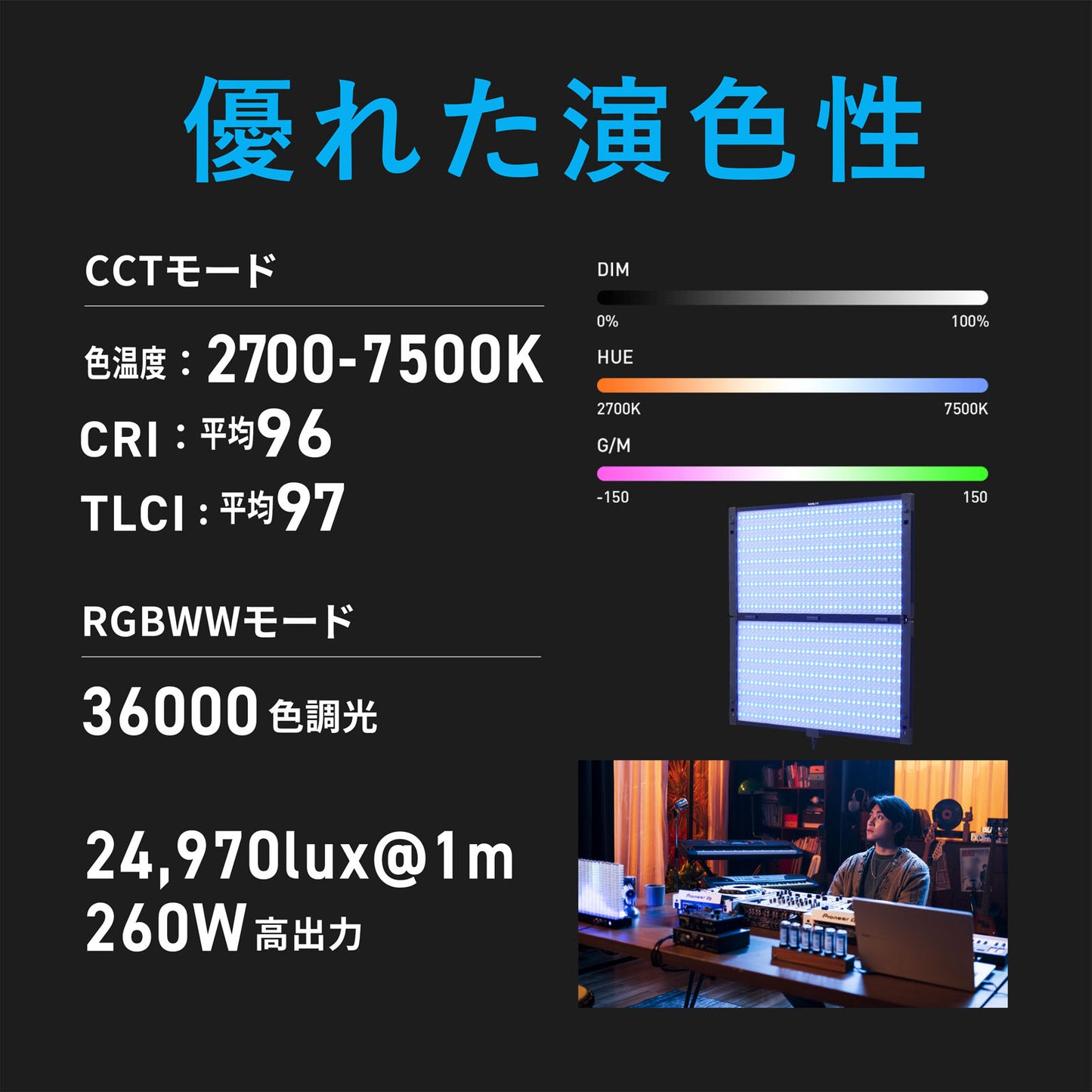 NANLITE PavoSlim 240C 撮影用ライト パネルライト RGBWW RGBライト 260W 2700-7500K アプリ操作 天吊り フルカラー 動画撮影 ライブ配信 国内正規品