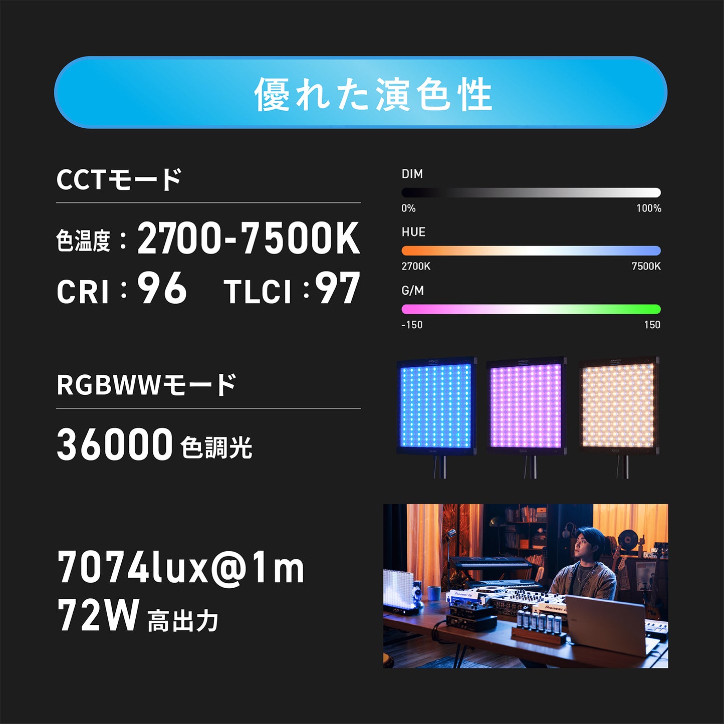 NANLITE PavoSlim 60C 撮影用ライト パネルライト RGBWW RGBライト 72W 2700-7500K GM調整 アプリ操作 天吊り フルカラー 動画撮影 ライブ配信 国内正規品