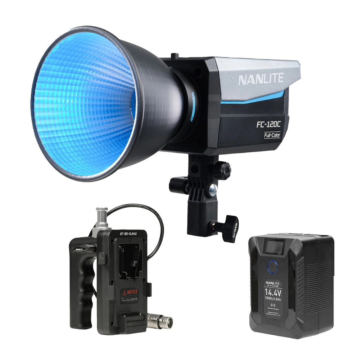 【セットキャンペーン】NANLITE FC-120C 撮影用ライトセット商品 スポットライト145W＋Vマウントバッテリー BT-V-14.4V98+BT-BG-XLR4II Vマウントバッテリーグリップ 出力145W フルカラー RGBライト 色温度2700-7500K CRI95