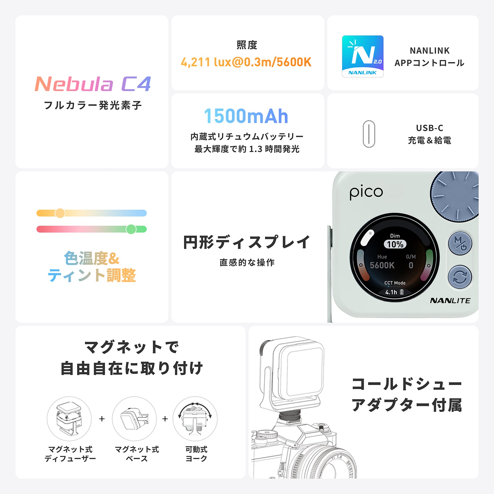 NANLITE pico 撮影用ライト LEDポケットライト フルカラー RGBW 色温度